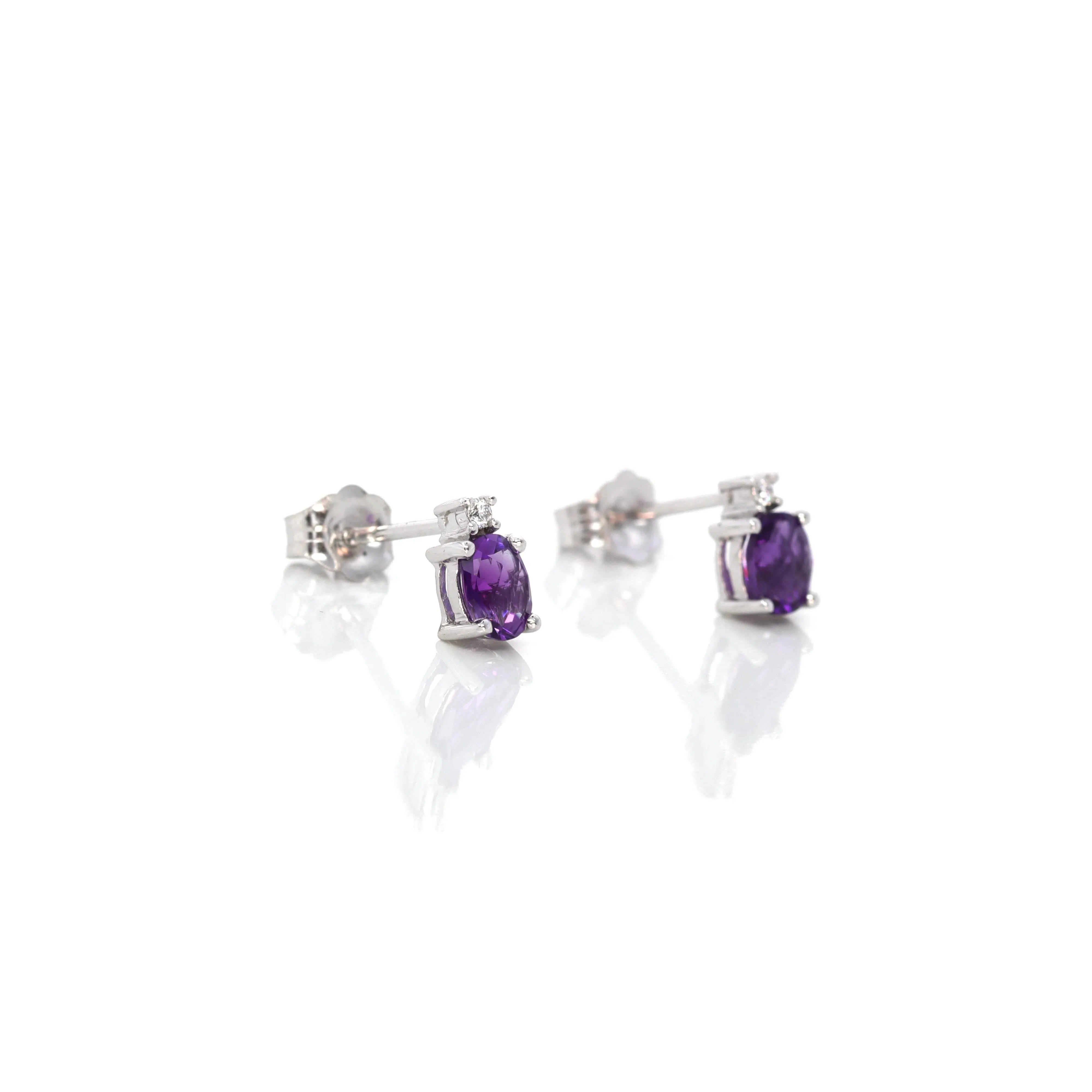 Baikalla 14k Classic White Gold Natural Oval Royal Amethyst Earrings w/Diamond