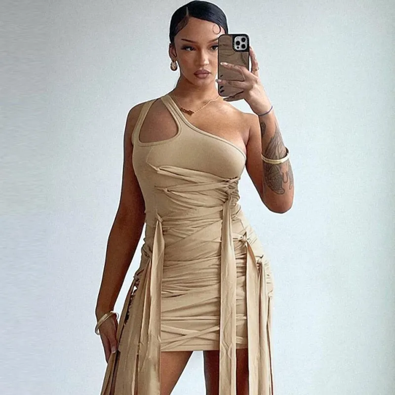 Bandage Ribbon Hollow Out Solid Mini Dress