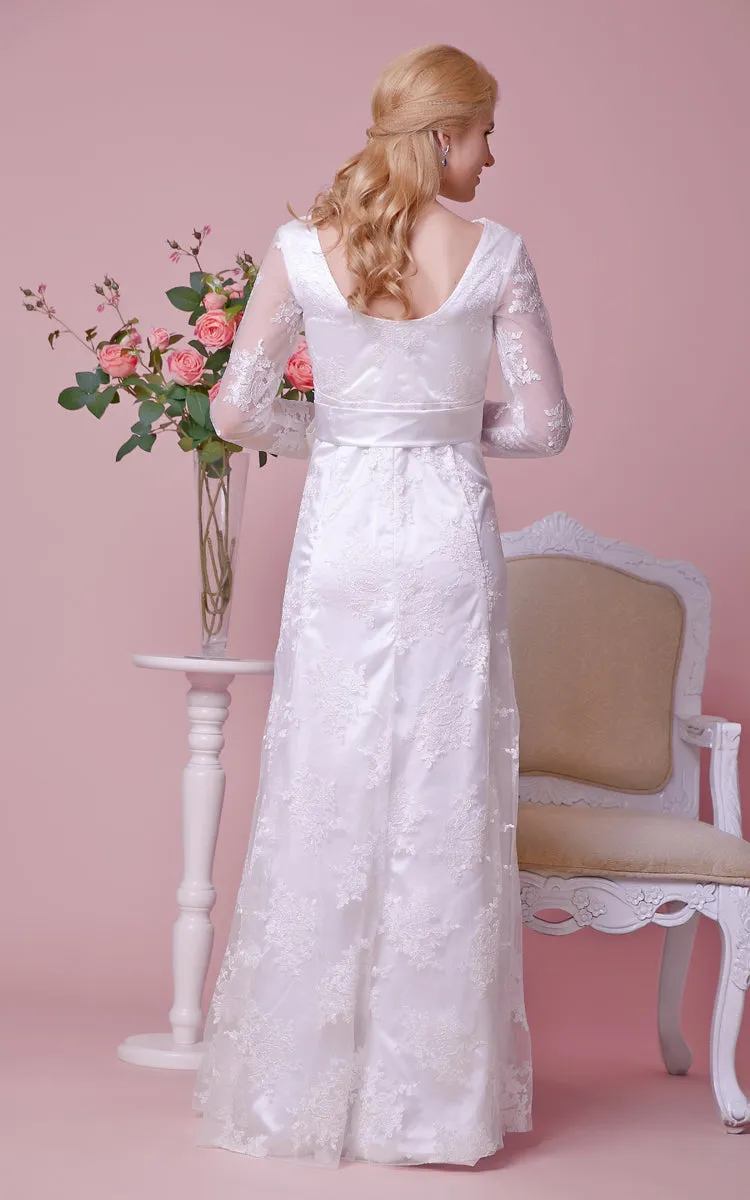 Bateau Neck Long-sleeved Lace Maternity Wedding Dress With Scoop Back-ZP_706093