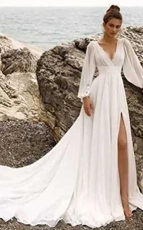 Beach Modest Elegant A-Line Split Front Wedding Dress Simple Casual Flowy Puff Long Sleeves V-Neck Bridal Gown with Train