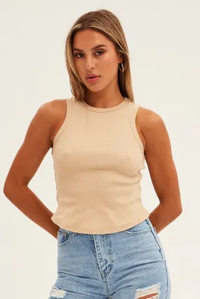 Beige Crew Tank High Neck Curved Hem Sleeveless