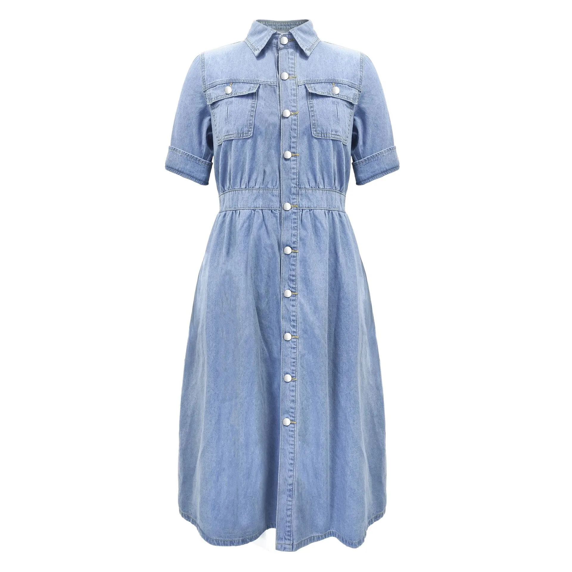 Bend Down Collar Button Up Denim Shirt Dress