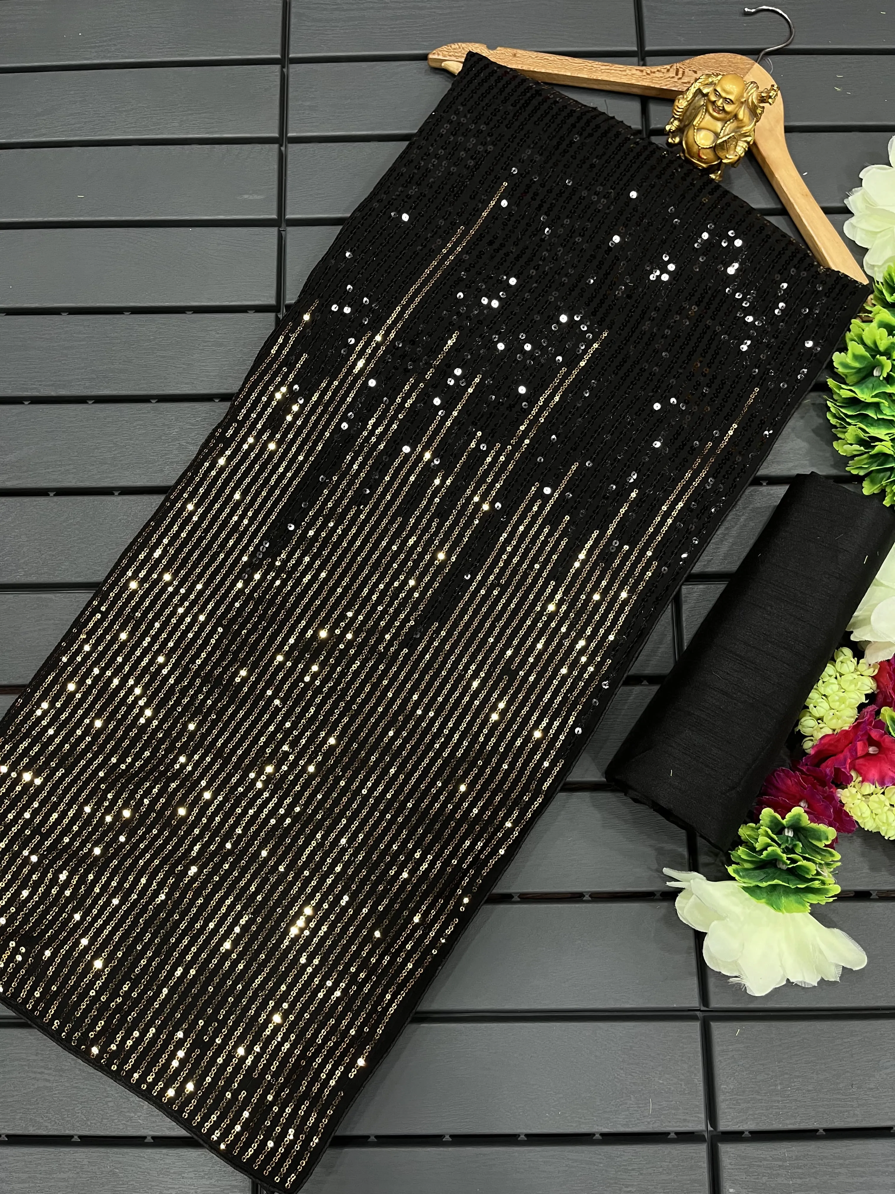 Black & Gold Georgette Sequins Work Partywear Saree