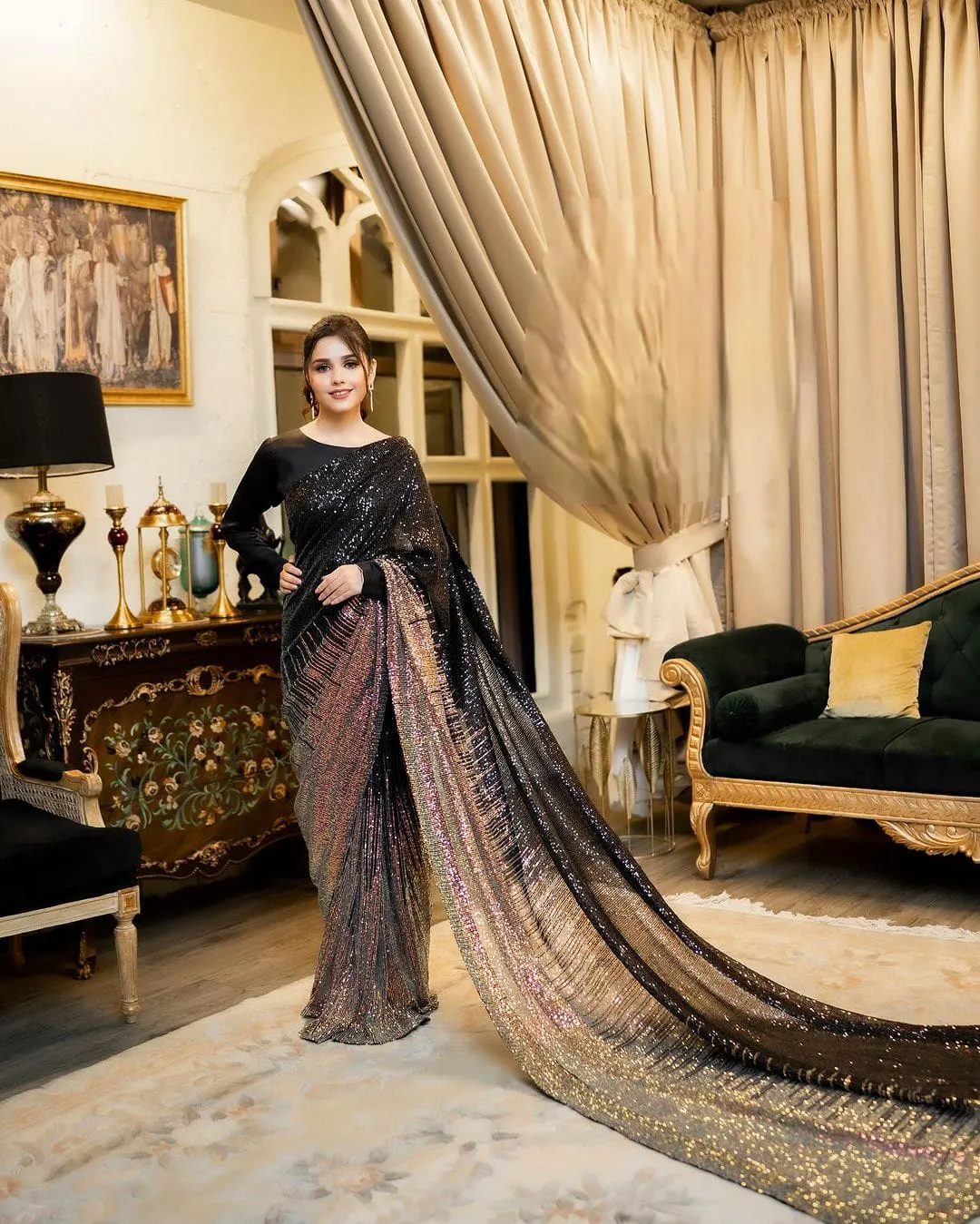 Black & Gold Georgette Sequins Work Partywear Saree