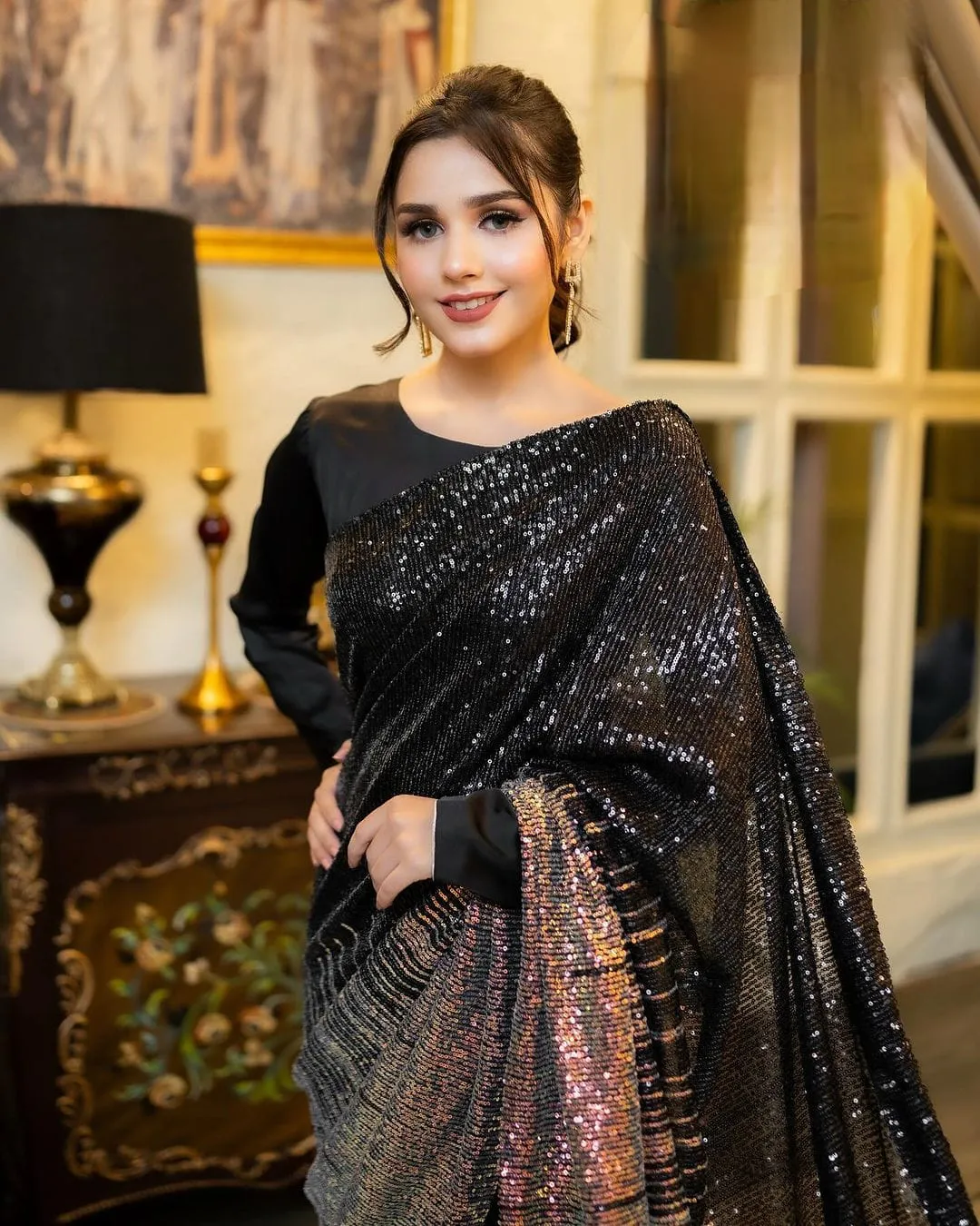 Black & Gold Georgette Sequins Work Partywear Saree