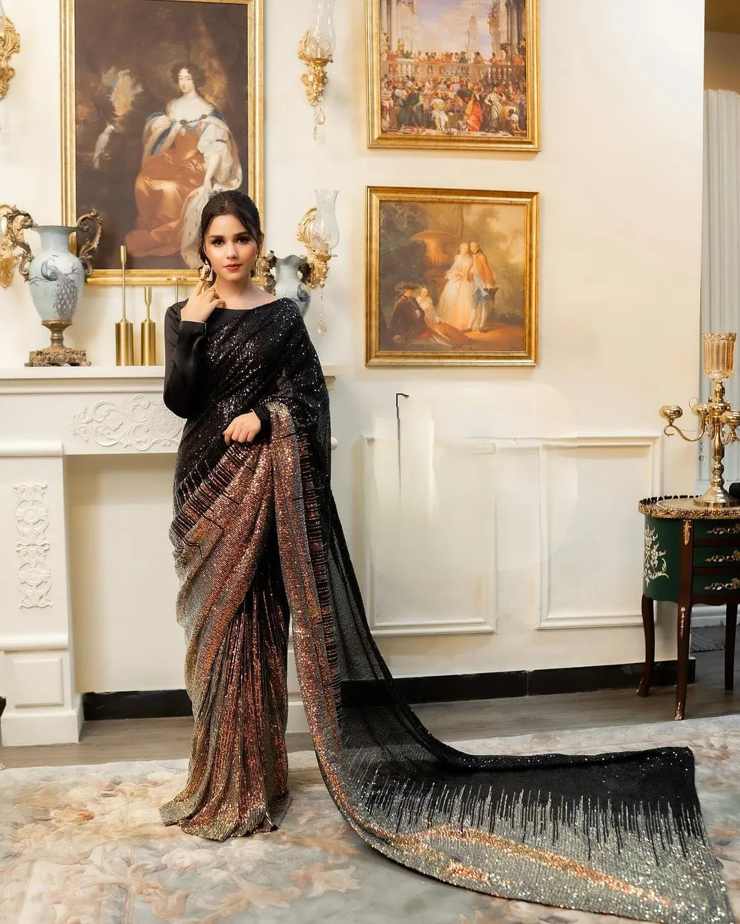 Black & Gold Georgette Sequins Work Partywear Saree