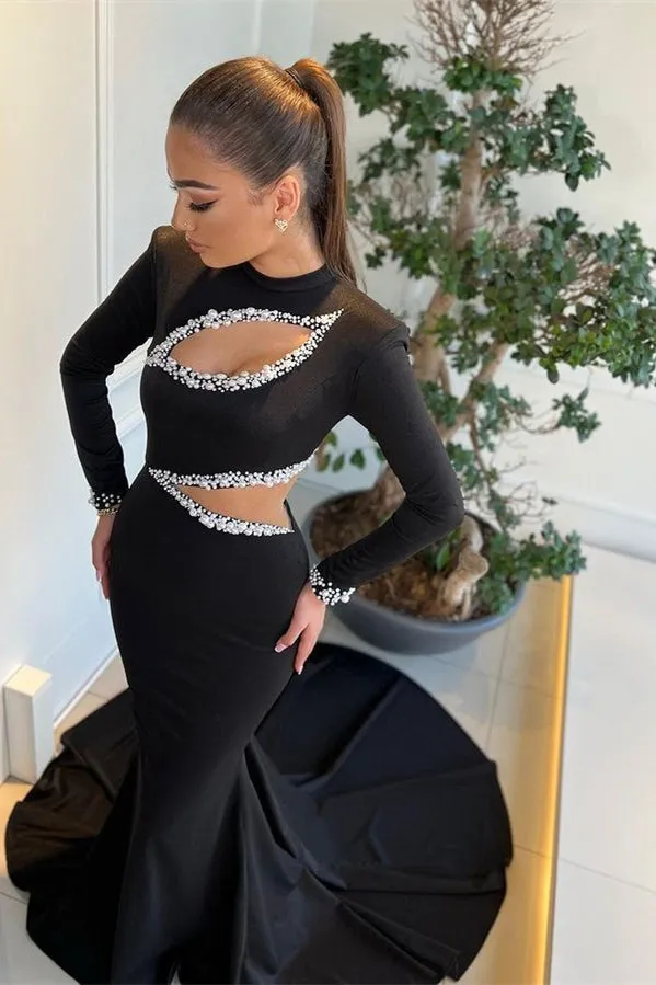 Black Mermaid Prom Gown with Sparkling Beadwork and Dramatic High Neckline