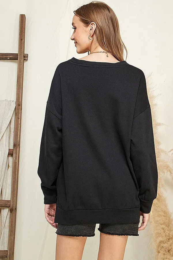 BLACK OVERSIZE V-NECK SWEATSHIRT TOP