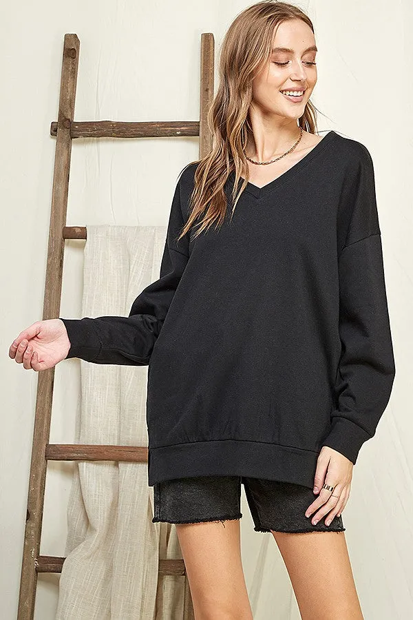 BLACK OVERSIZE V-NECK SWEATSHIRT TOP