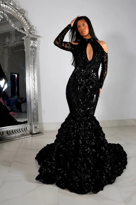 Black Prom Dress With Appliques Long Flowers Mermaid Half Sleeves Halter