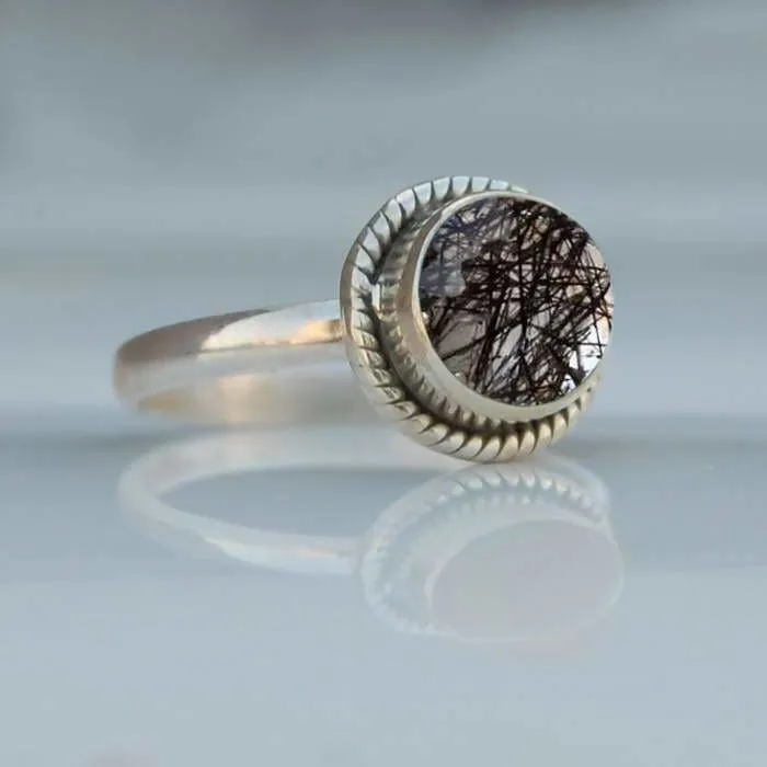 Black Tourmalated Quartz Silver Ring