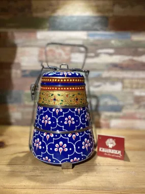 Blue and Golden Mughal Hand-painted 3 Tier Steel Lunch Box - A dabba, or Indian-style tiffin carrier, Bombay Dabba