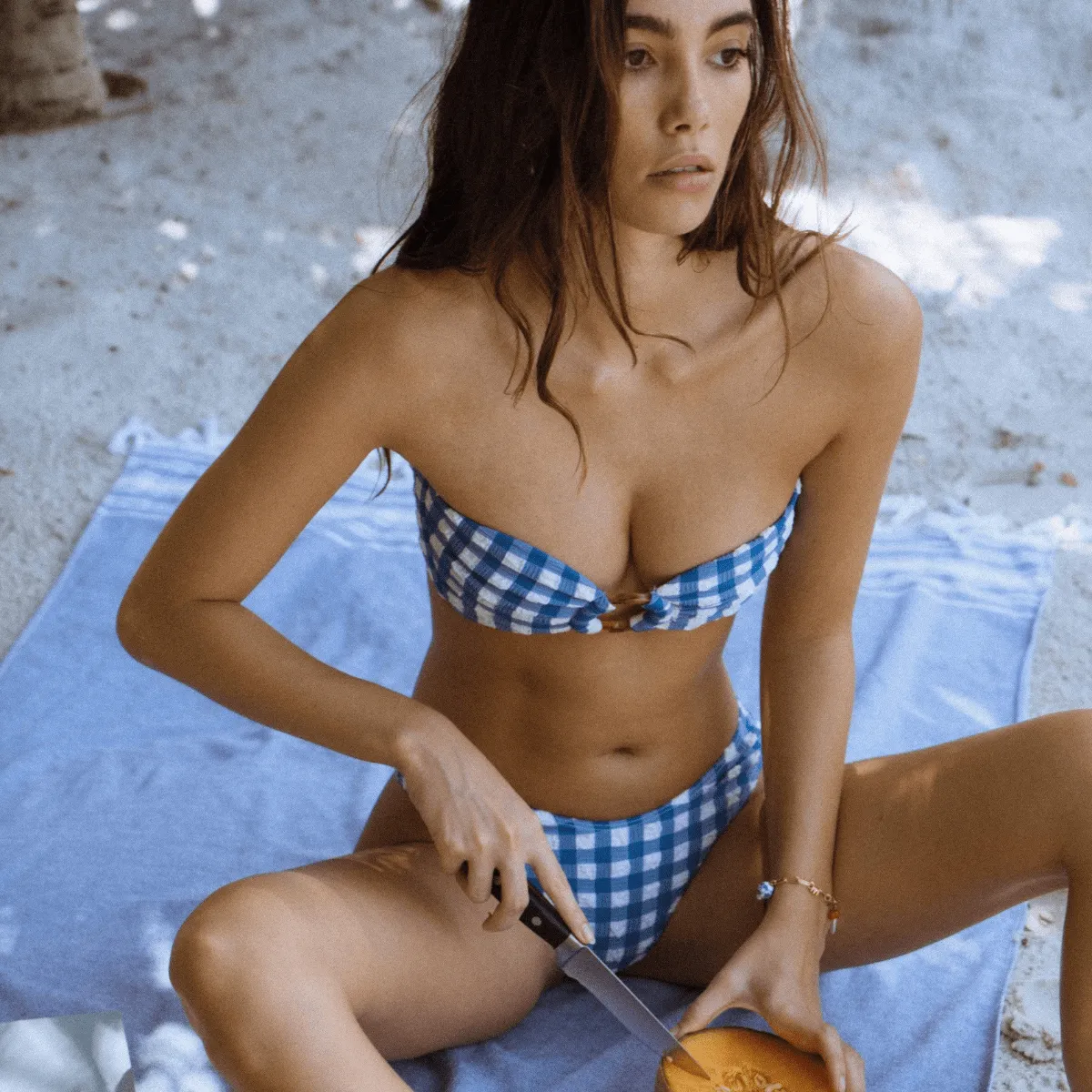 Blue Gingham Tori Ties Bandeau Bikini Top