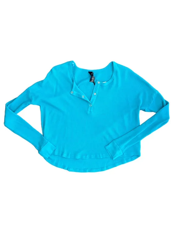 Bobi - Drop Shoulder Long Sleeve Henley Top Teal Splash