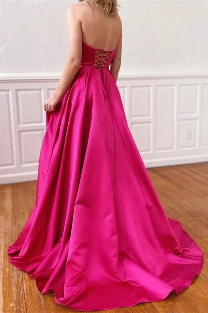 Bold Fuchsia Prom Gown with Side Split and Convenient Pockets