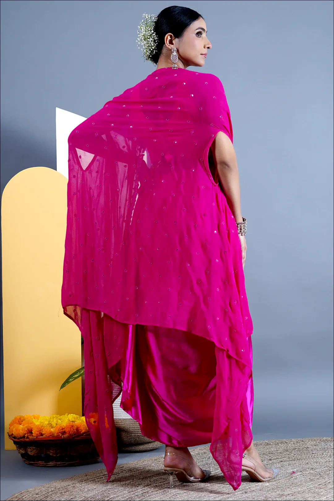 Bright Pink Draped Dhoti With Top and Cape - Rent