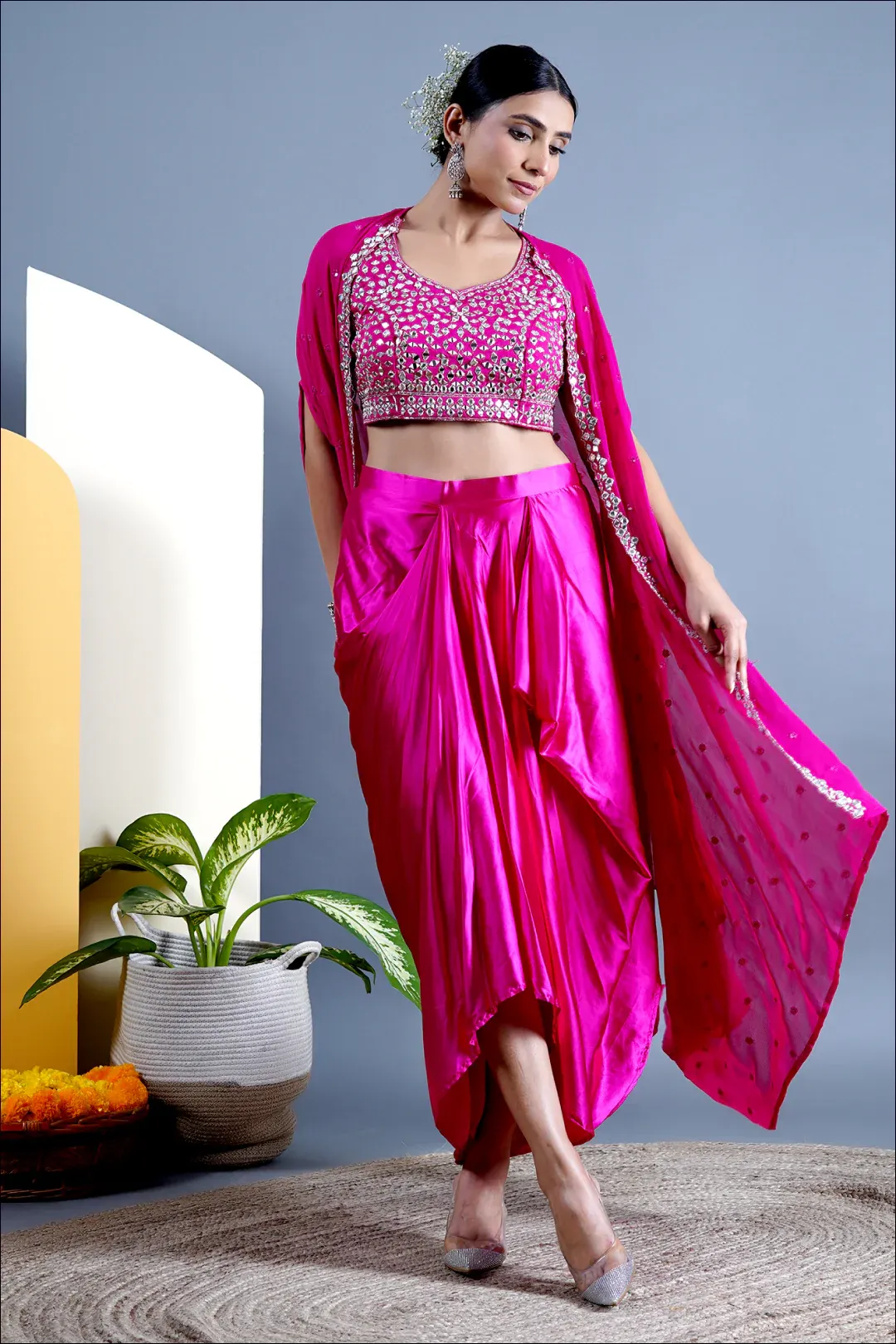 Bright Pink Draped Dhoti With Top and Cape - Rent