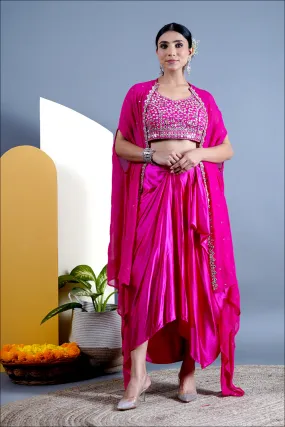 Bright Pink Draped Dhoti With Top and Cape - Rent