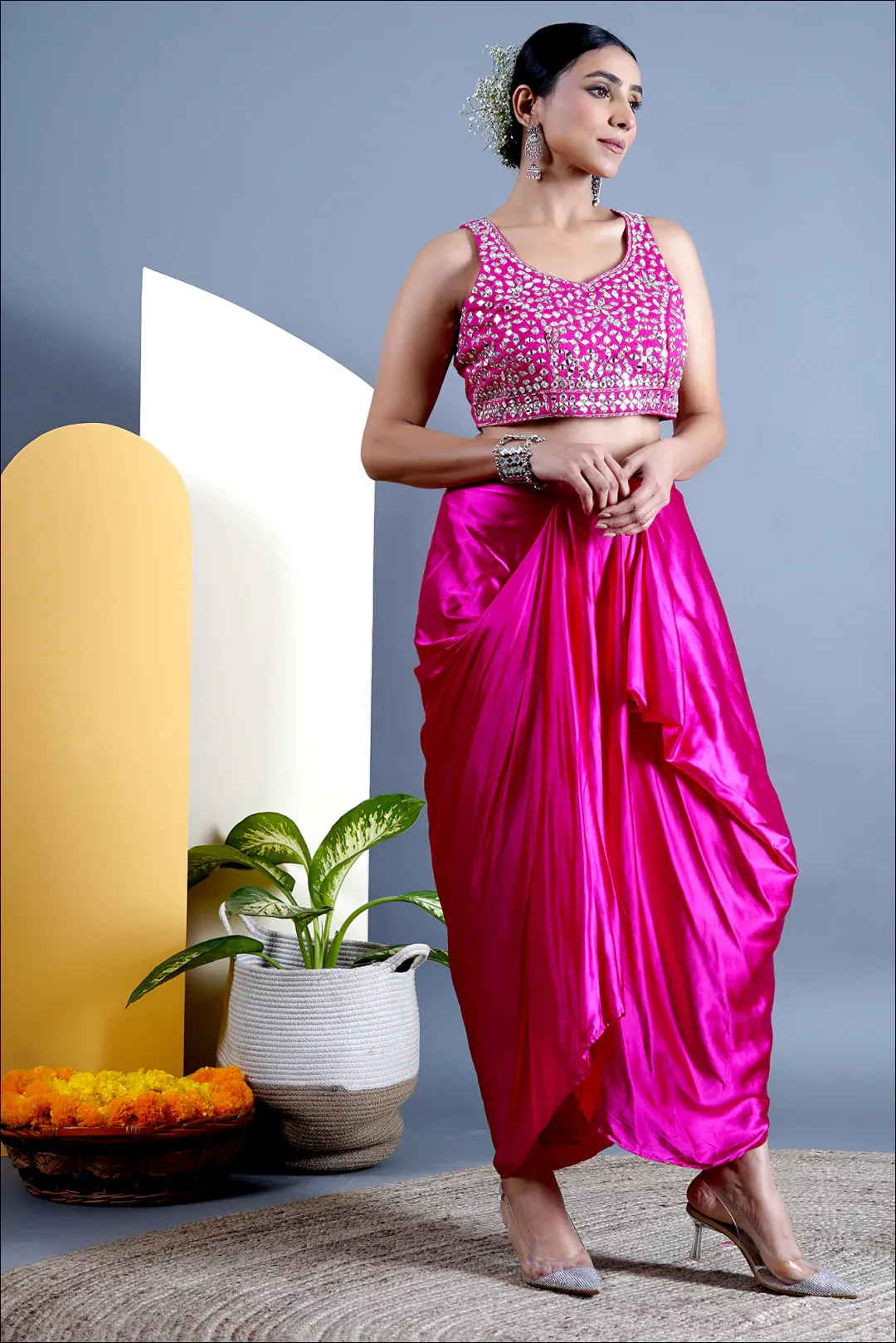 Bright Pink Draped Dhoti With Top and Cape - Rent