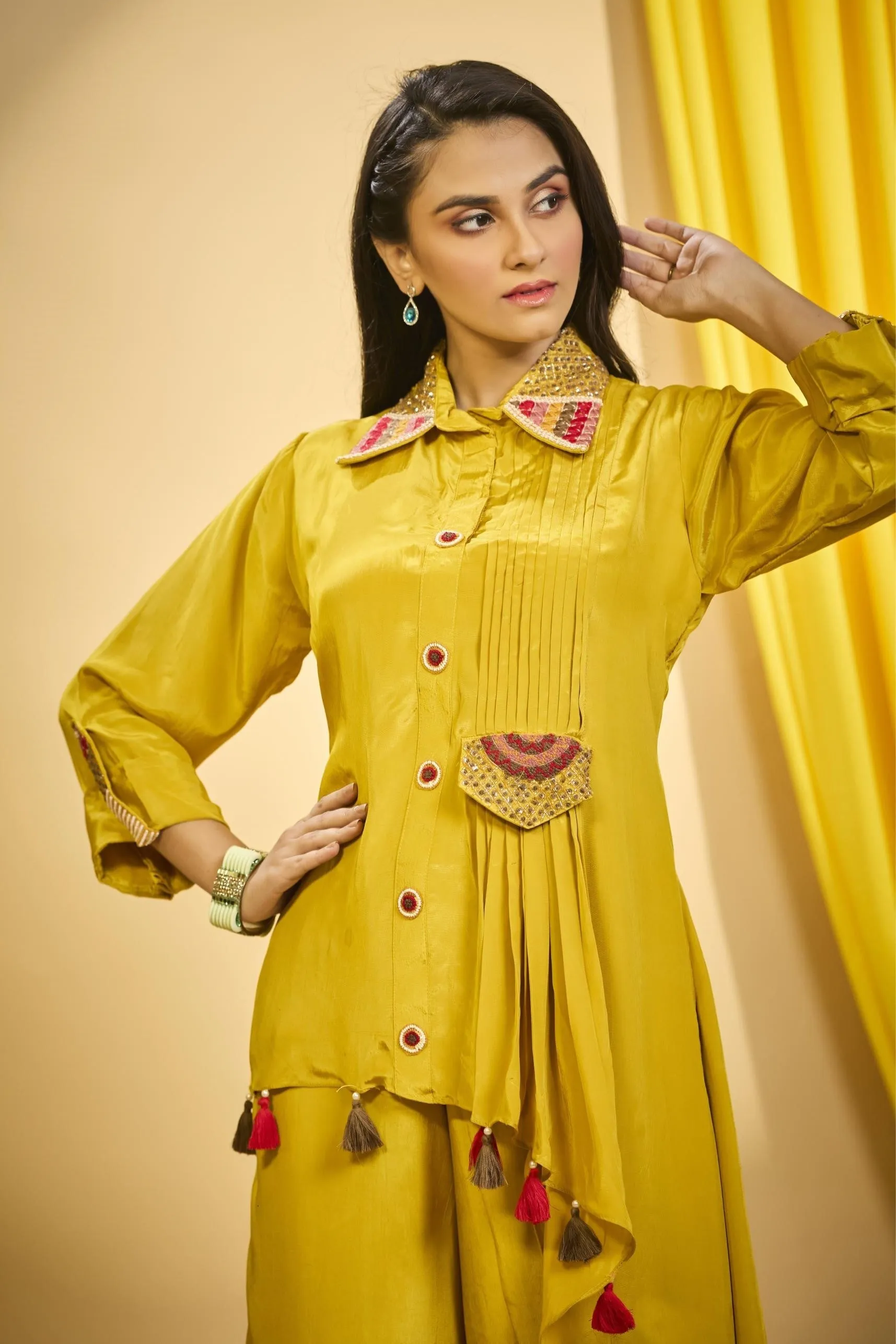 Bright Yellow Embroidered Spanish Silk Co-Ord Set