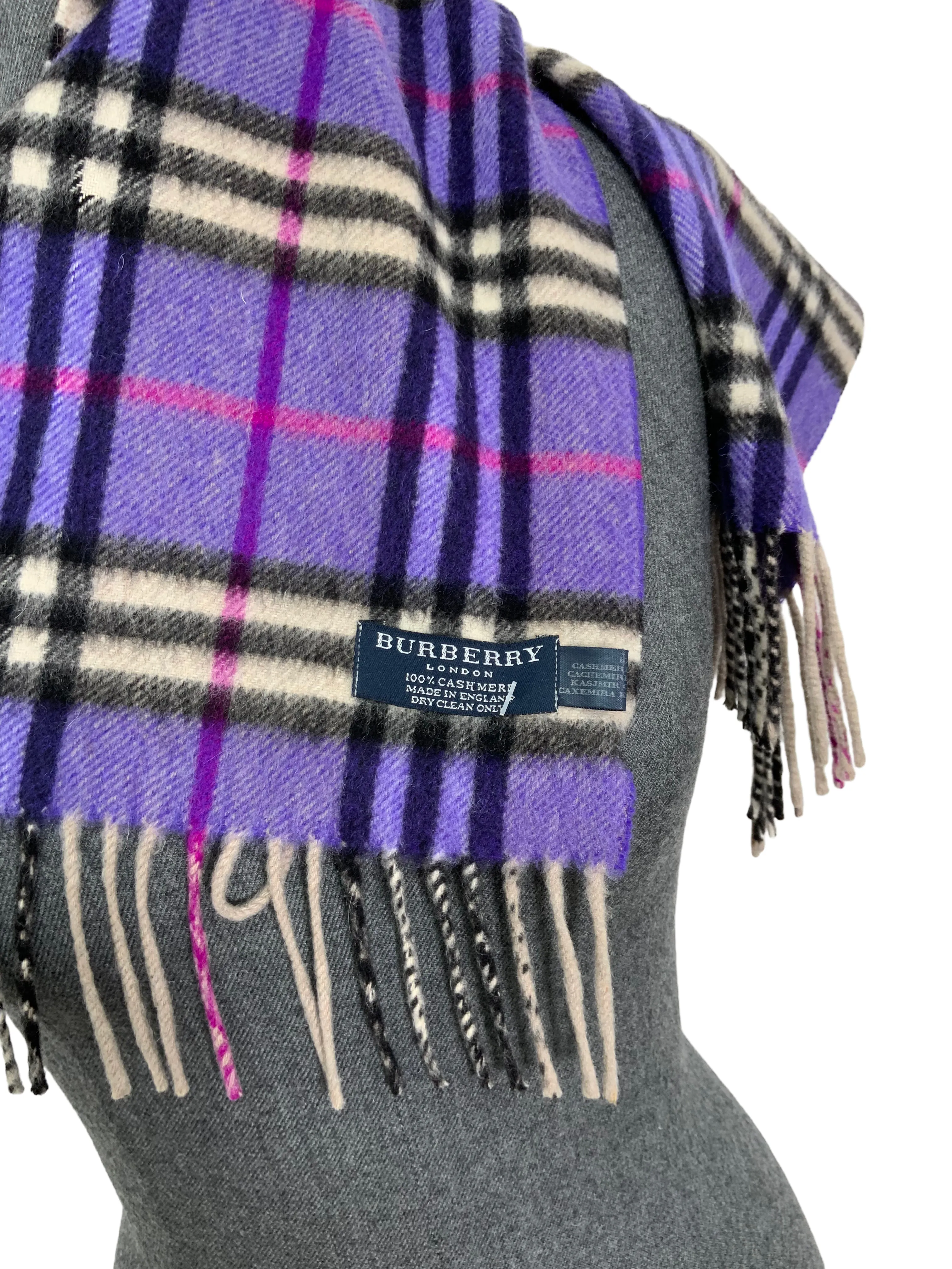 Burberry Checkered Plaid Cashmere Scarf with Fringe