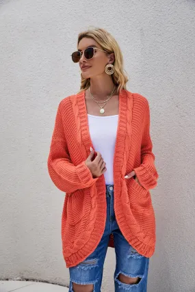 Cable-Knit Curved Hem Open Front Cardigan