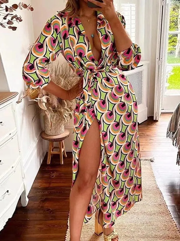 Casual Deep V Neck Long Sleeve SIde Split Maxi Dress