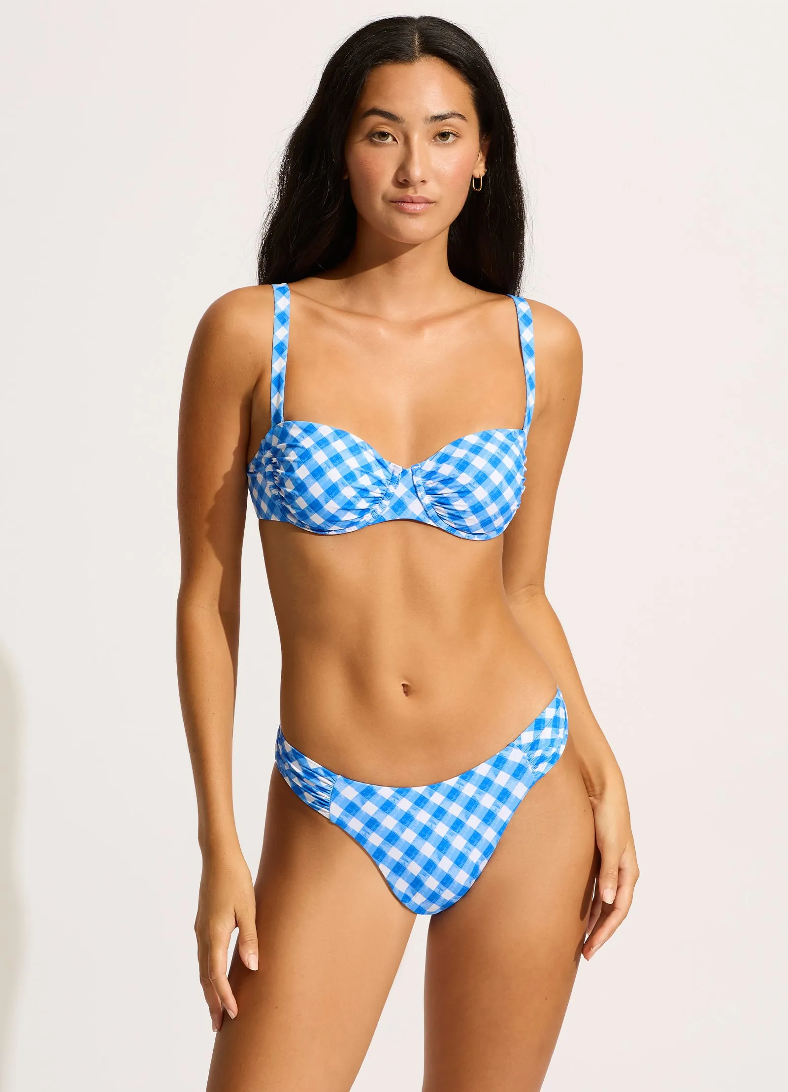 Ciao Bella Check Ruched Underwire Bikini Top - Azure