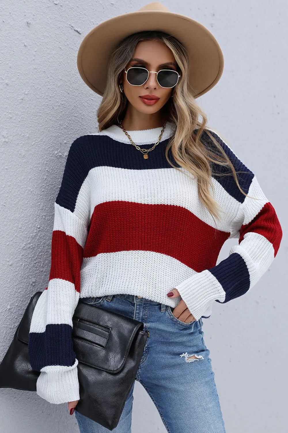 Color Block Long Sleeve Ribbed Sweater