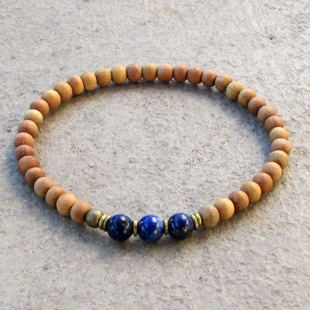 Compassion - Sixth Chakra, Sandalwood and  Genuine Lapis Lazuli Gemstone Mala Bracelet