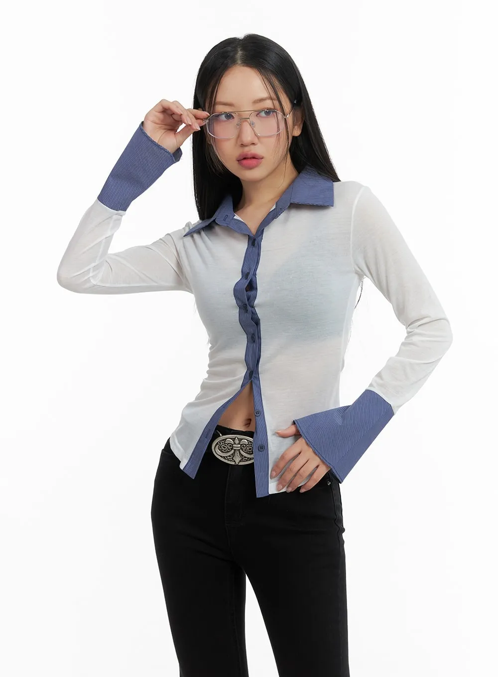 Contrasting Binding Button-Up Blouse CM421