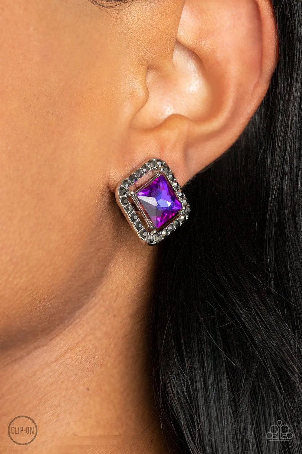 Cosmic Catwalk Purple Iridescent Rhinestone Clip-on Earrings - Paparazzi Accessories