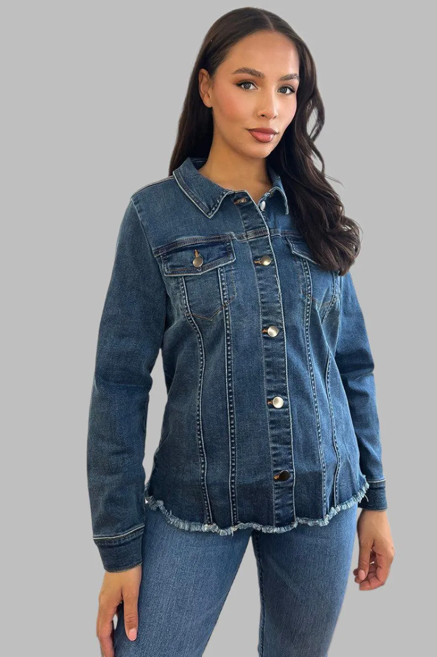 Cotton Blend Raw Hem Denim Jacket