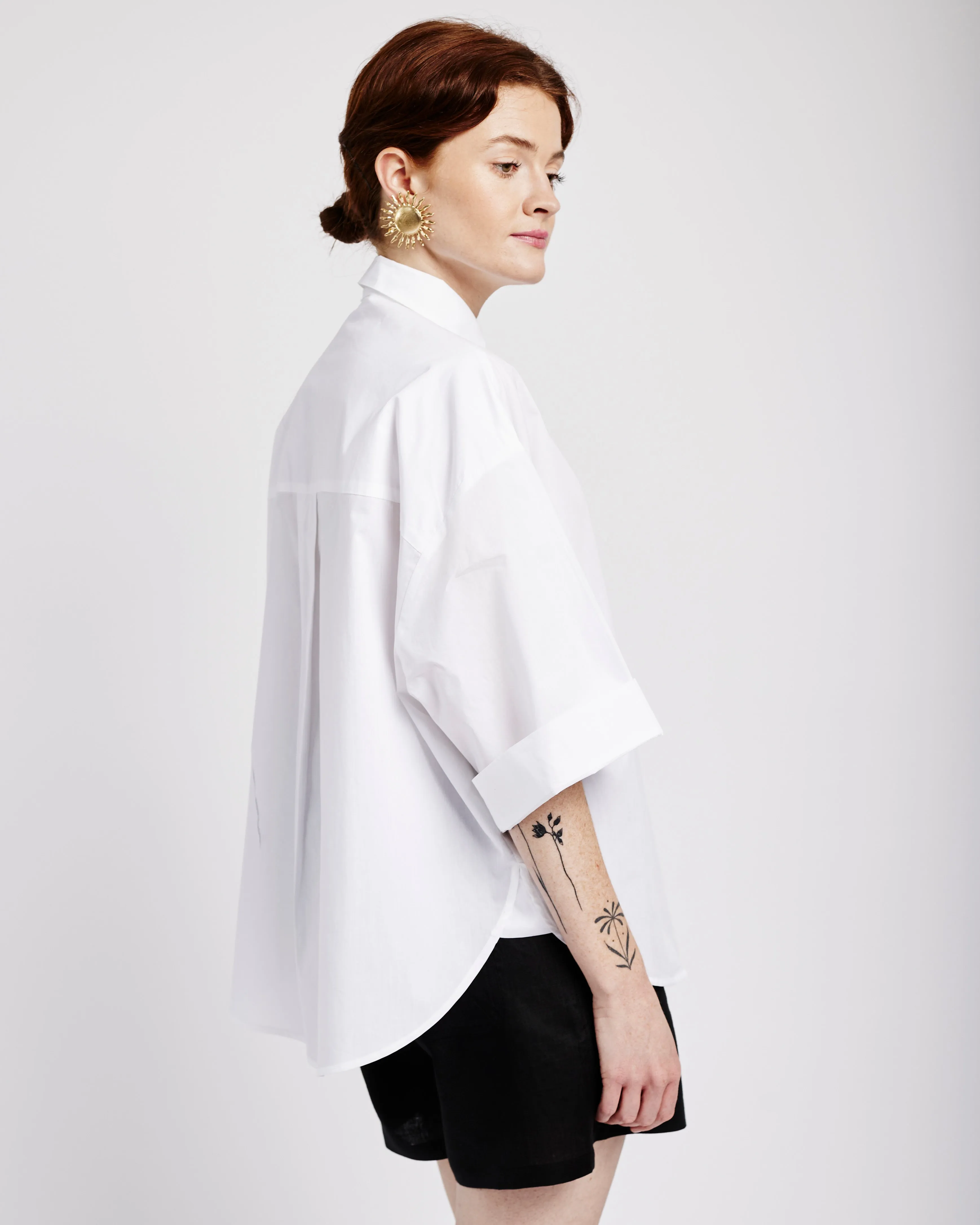 Cotton Boxy Shirt with Kimono Sleeve in White