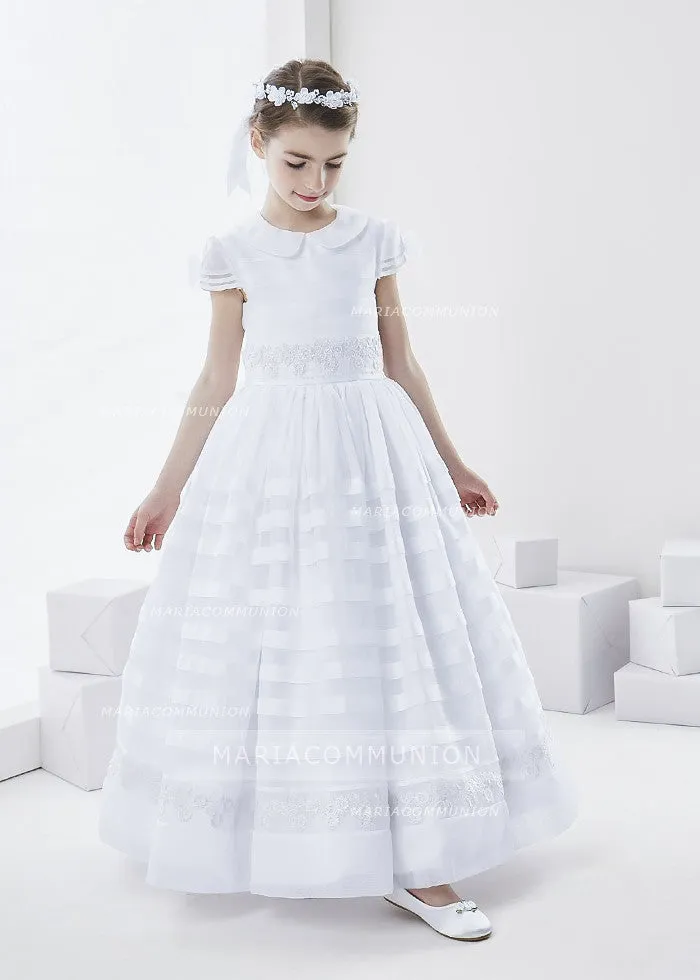 Cowl Neckline Short Sleeve Ball Gown Organza First Communion Dress With Bow Back