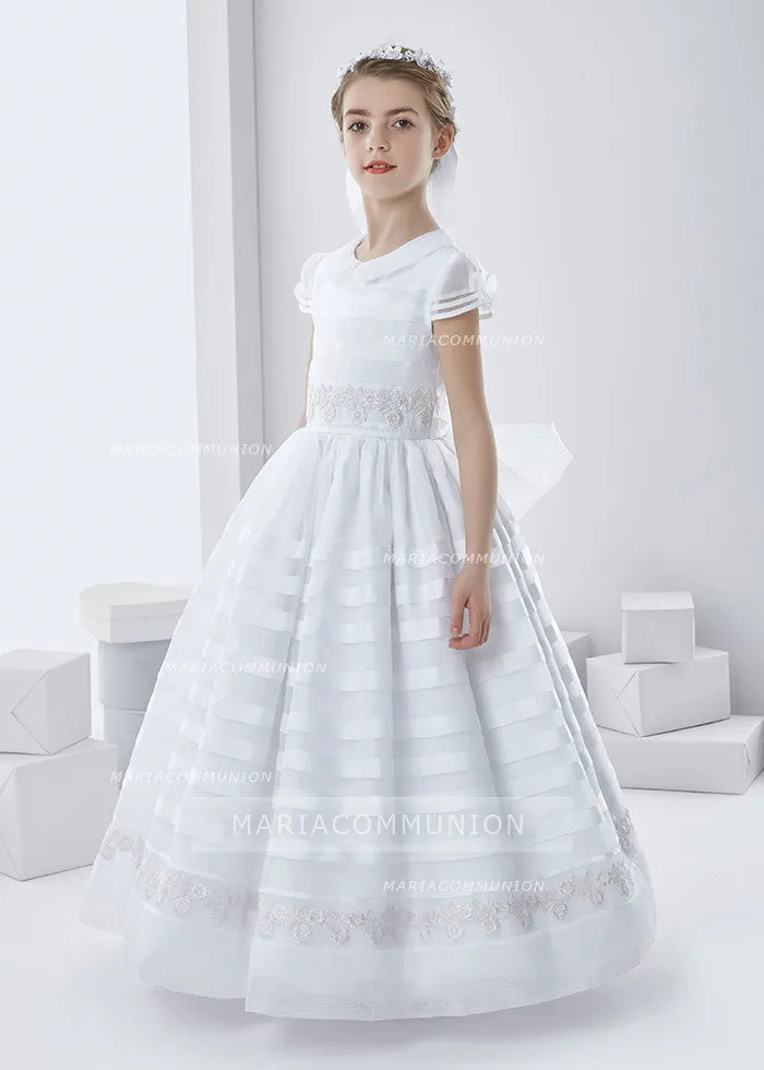 Cowl Neckline Short Sleeve Ball Gown Organza First Communion Dress With Bow Back