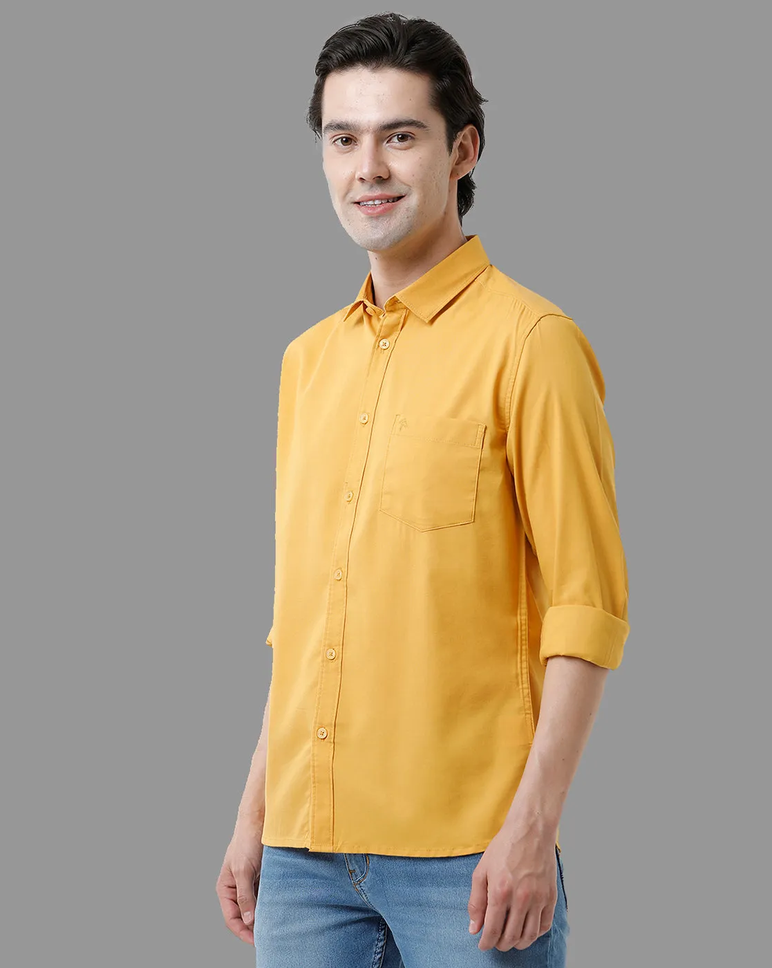 CP BRO Men's Cotton Full Sleeve Solid Slim Fit Polo Neck Yellow Color Woven Shirt | Sbn2-74 C