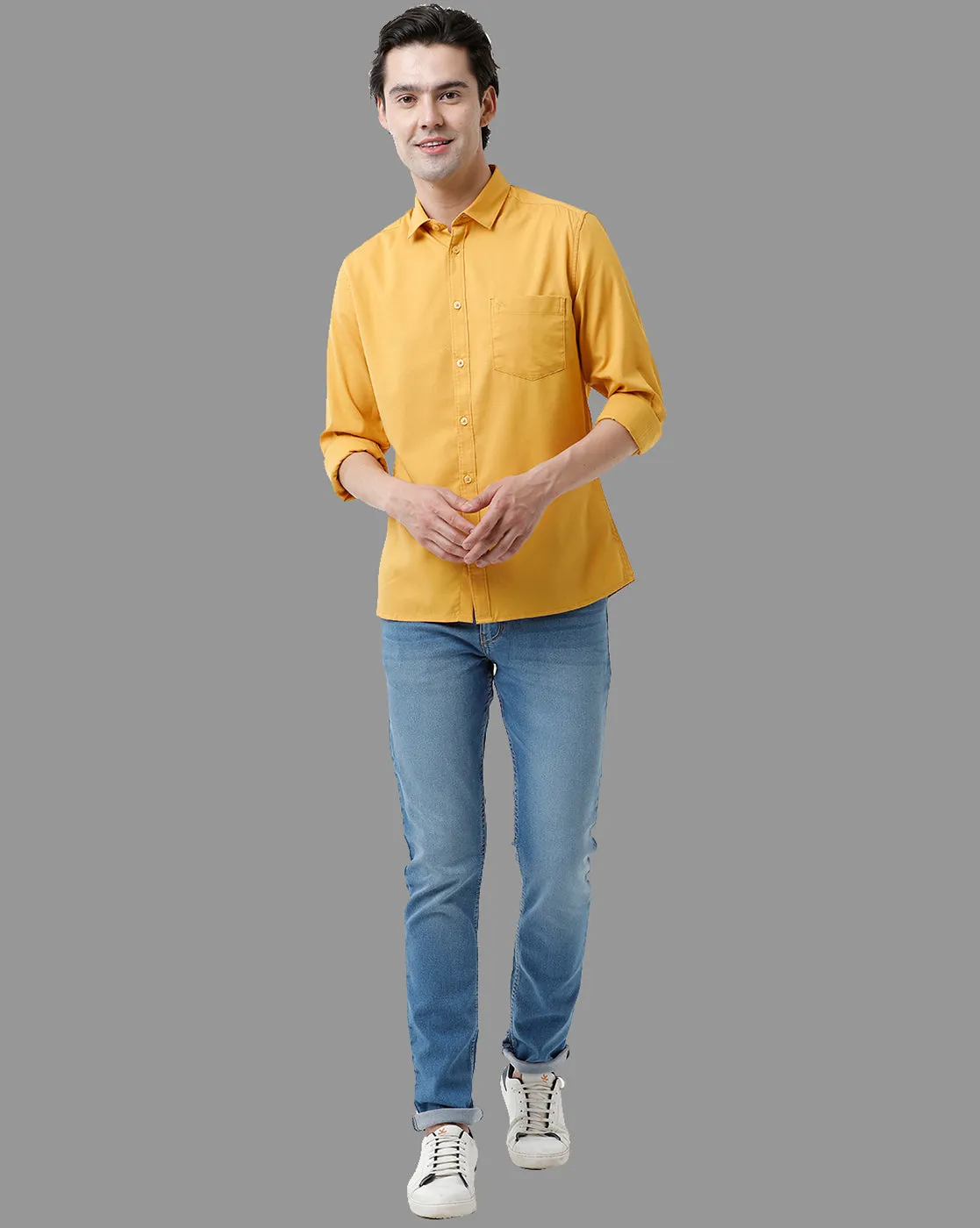 CP BRO Men's Cotton Full Sleeve Solid Slim Fit Polo Neck Yellow Color Woven Shirt | Sbn2-74 C