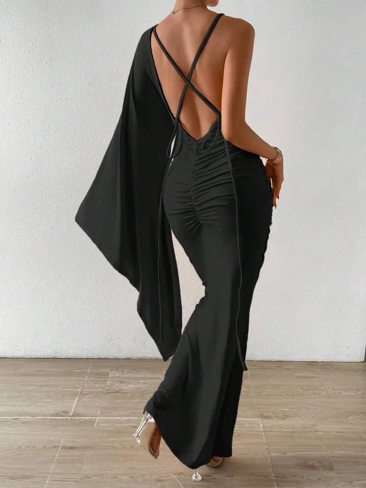 Criss cross backless ruched dress in black