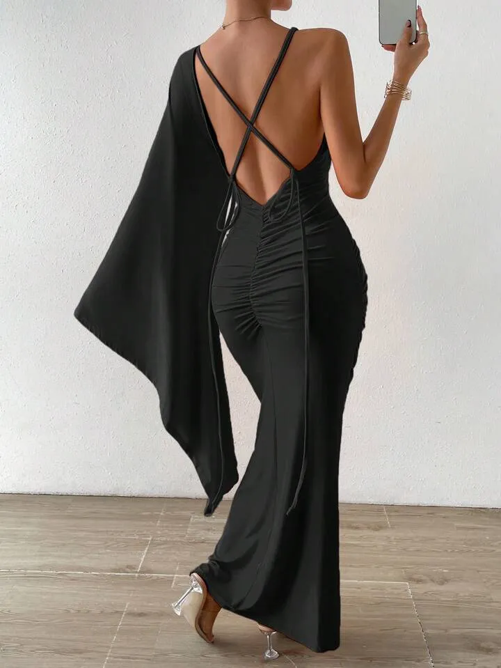 Criss cross backless ruched dress in black