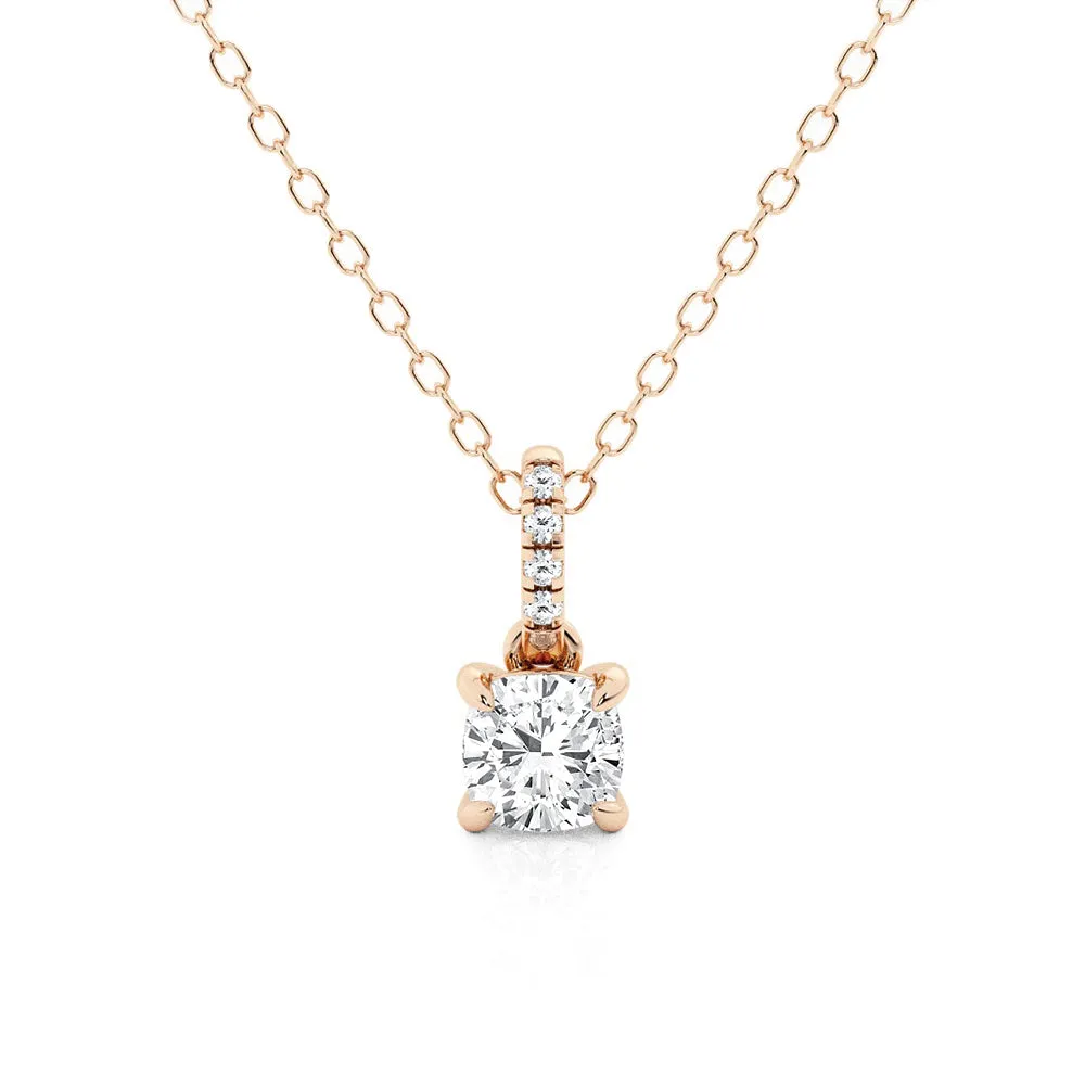 Cushion Cut Moissanite Hidden Halo with Moissanite Bail Fashion Pendant Necklace