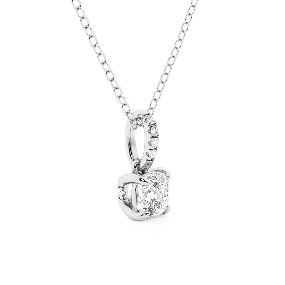 Cushion Cut Moissanite Hidden Halo with Moissanite Bail Fashion Pendant Necklace