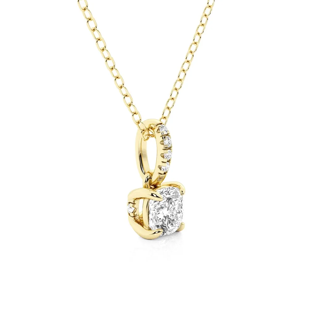 Cushion Cut Moissanite Hidden Halo with Moissanite Bail Fashion Pendant Necklace