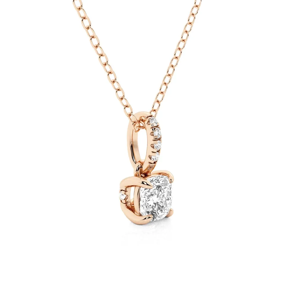 Cushion Cut Moissanite Hidden Halo with Moissanite Bail Fashion Pendant Necklace