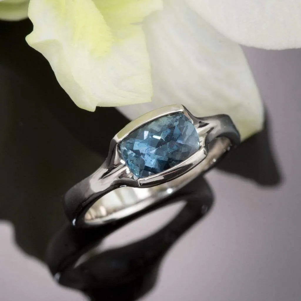 Cushion Fair Trade Teal Sapphire Fold Solitaire Engagement Ring