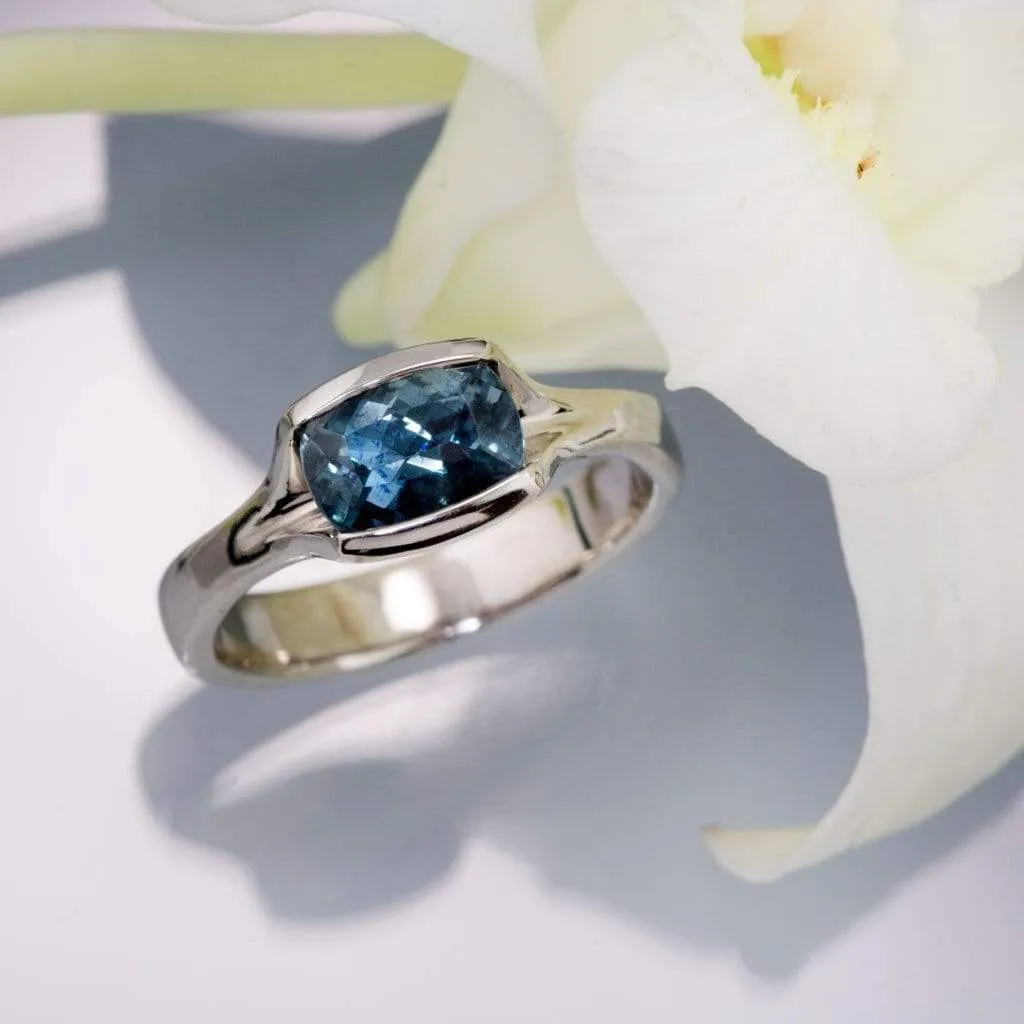 Cushion Fair Trade Teal Sapphire Fold Solitaire Engagement Ring