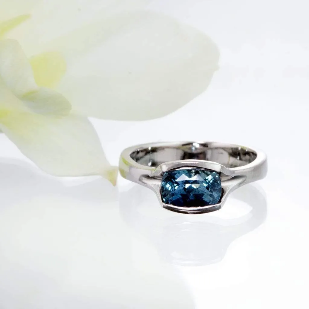 Cushion Fair Trade Teal Sapphire Fold Solitaire Engagement Ring