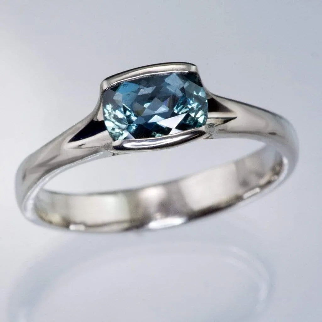 Cushion Fair Trade Teal Sapphire Fold Solitaire Engagement Ring