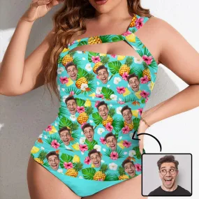 Custom Face Pineapple Green Swimsuit Personalized Face Women's One Shoulder Two Piece Bathing Suit