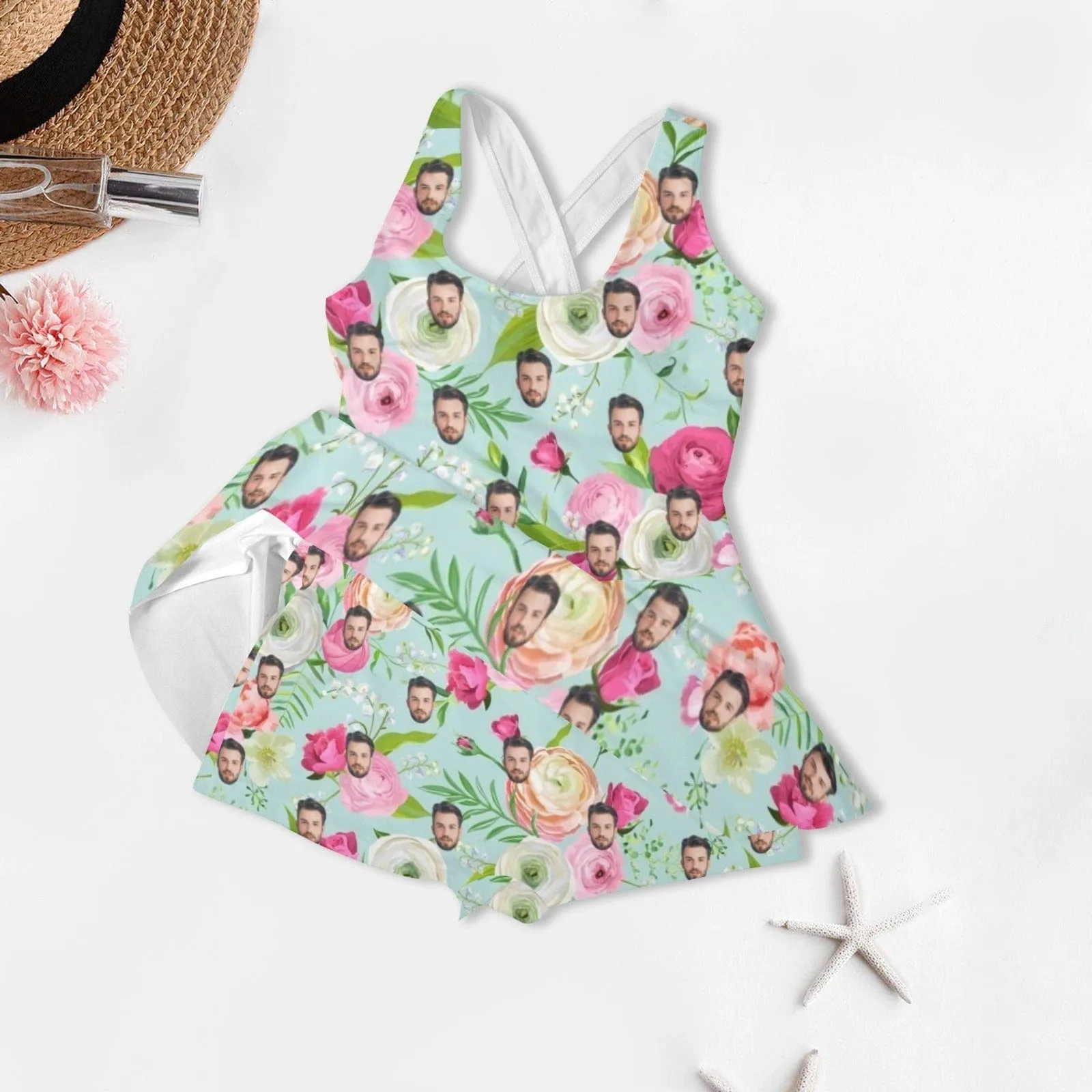 Custom Face Rose Two-piece Swimming Dress, Custom Face Swimwear, Photo Beachwear for Her